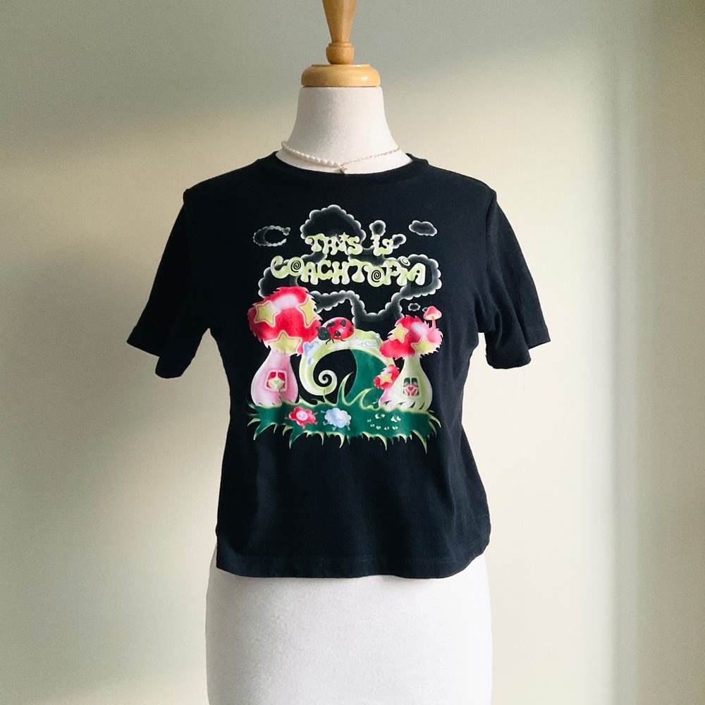 Coach Black Kids Tee with Neon Mushroom Garden Graphic